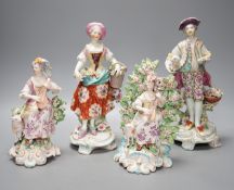 Four late 18th century Derby figures of a shepherd, a flower seller and two lute players - tallest