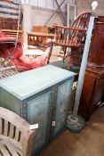 A painted pine two door cabinet, width 84cm, depth 43cm, height 93cm and matching floor lamp