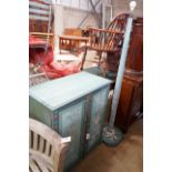 A painted pine two door cabinet, width 84cm, depth 43cm, height 93cm and matching floor lamp