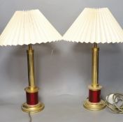 A pair of gilt brass desk lamps and shades, 49cm total