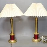 A pair of gilt brass desk lamps and shades, 49cm total