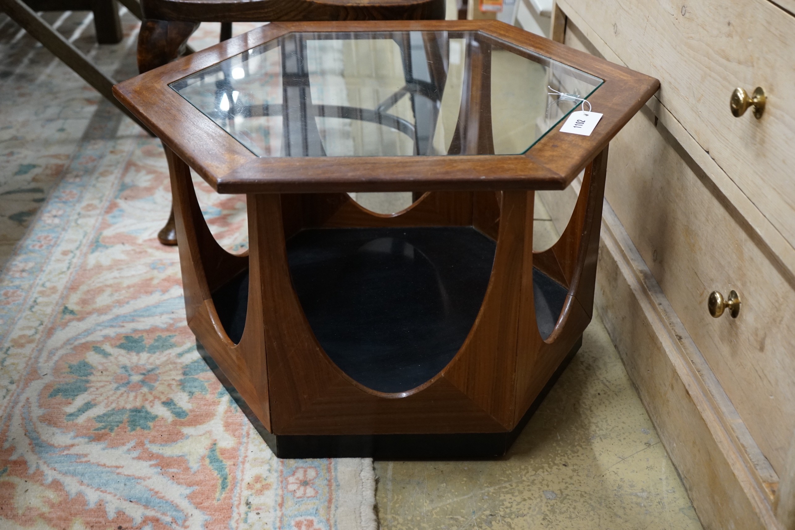 A mid century design hexagonal teak brass top coffee table, width 63cm, height 42cm - Image 2 of 3