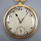 A 1920's Swiss 18ct gold open faced dress pocket watch, case diameter 43mm, gross weight 46.9