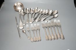 Twenty three items of continental white metal fiddle pattern flatware, stamped GH, including a