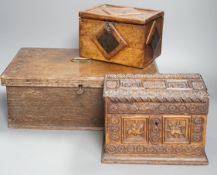 An early 18th century oak bible box containing a Victorian Morocco leather photograph album,