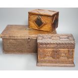 An early 18th century oak bible box containing a Victorian Morocco leather photograph album,