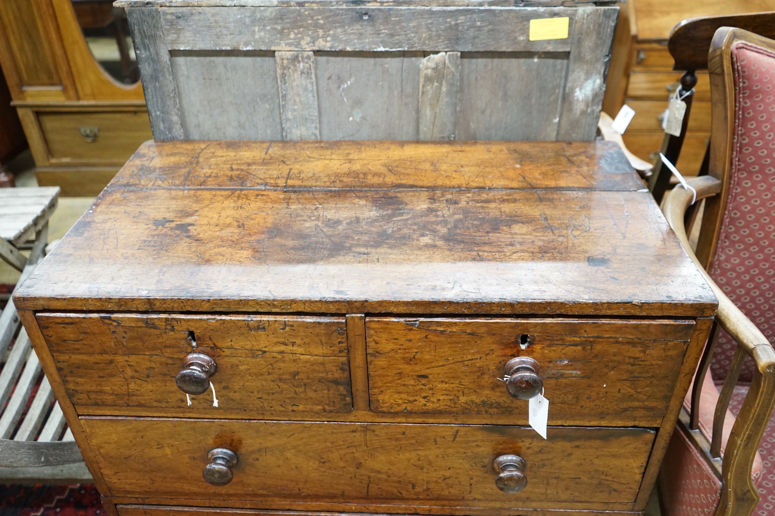 A 19th century mahogany two part chest with later turned wood handles, width 90cm, depth 49cm, - Image 2 of 4