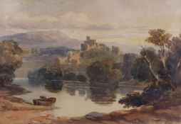 John Varley (1778-1842), watercolour, Castle in a landscape with boatman, signed and dated 1841,