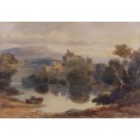 John Varley (1778-1842), watercolour, Castle in a landscape with boatman, signed and dated 1841,