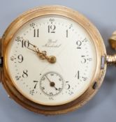 An early 20th century engine turned 14k yellow metal hunter keyless fob watch, with engraved