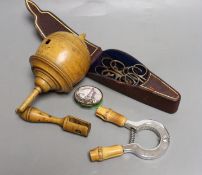 A boxwood spinning top, cased set of scissors, oval patch box and boxed Asprey