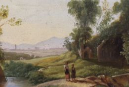 19th century English School, oil on card, Italianate landscape with watercarriers in the foreground,