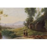 19th century English School, oil on card, Italianate landscape with watercarriers in the foreground,