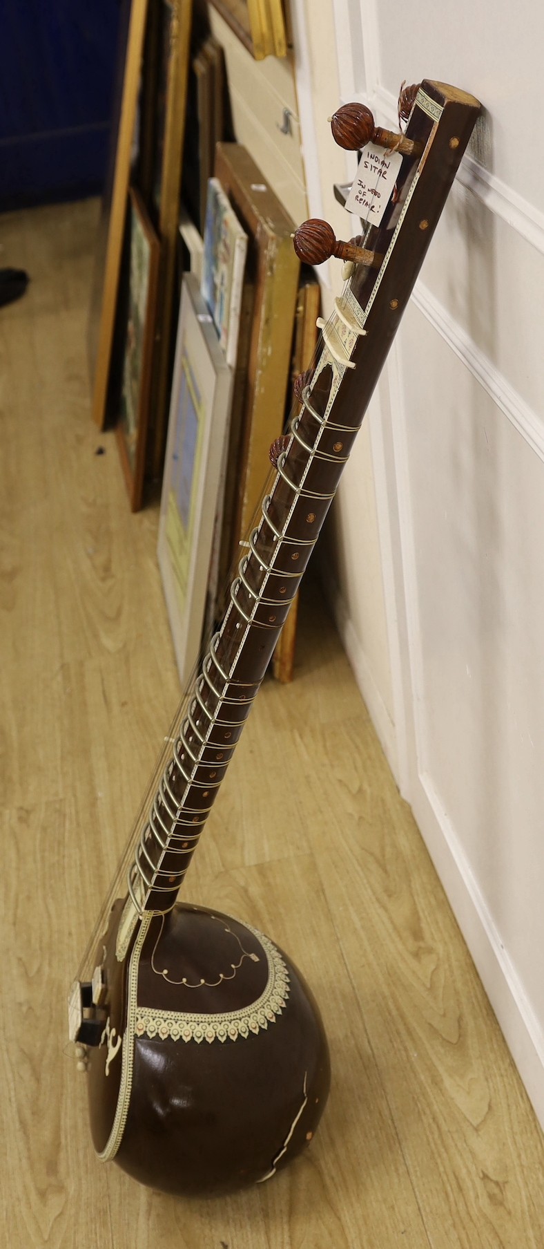 An Indian Sitar (in need of repair) with hard case,123cms high. - Image 2 of 4