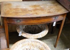 A George III satinwood banded mahogany bowfront side table, width 91cm, depth 51cm, height 76cm