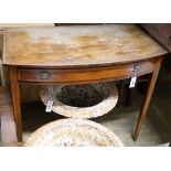 A George III satinwood banded mahogany bowfront side table, width 91cm, depth 51cm, height 76cm