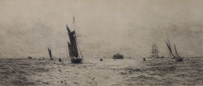 William Lionel Wyllie (1851-1931), etching, 'Shipping off Portsmouth', signed in pencil, 15 x 35cm