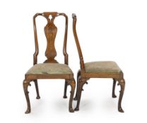 A pair of George I walnut and marquetry side chairs, c.1720, each with a vase-shaped splat with