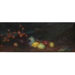 Jan Van Delft, oil on canvas, Still life of fruit on a table top, signed, 39 x 98cm