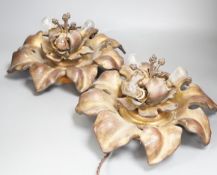 A pair of early 20th century gilt bronze flower head lights, 32cm, Will sit flat on a table possibly