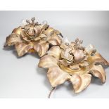 A pair of early 20th century gilt bronze flower head lights, 32cm, Will sit flat on a table possibly