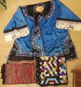 A Chinese silk robe, a 19th century patchwork panel and a panel from a Paisley summer shawl and a