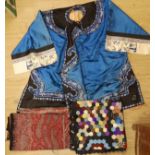 A Chinese silk robe, a 19th century patchwork panel and a panel from a Paisley summer shawl and a