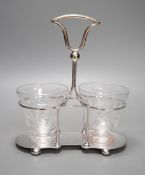 A late Victorian engraved glass and electroplate sugar and cream stand - 26cm tall