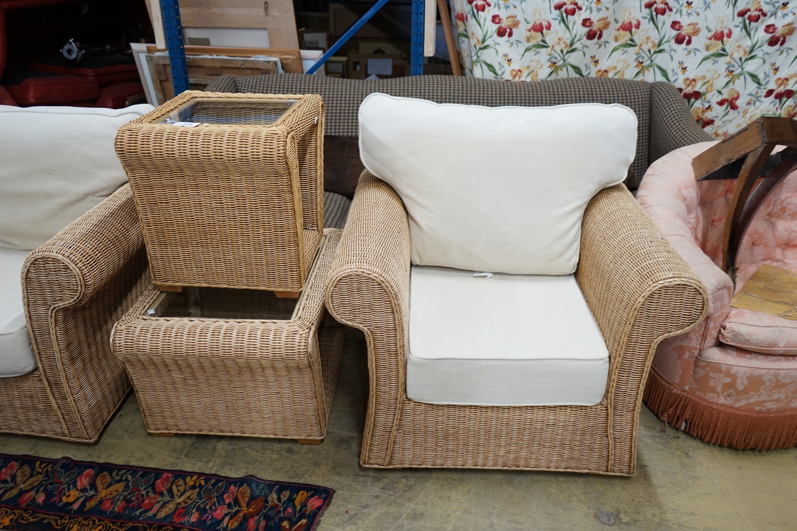 A contemporary rattan and natural fabric four piece conservatory suite, comprising settee, length - Image 2 of 4