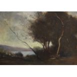 English School c.1920, oil on canvas board, Lakeside landscape, monogrammed MR, 24 x 34cm