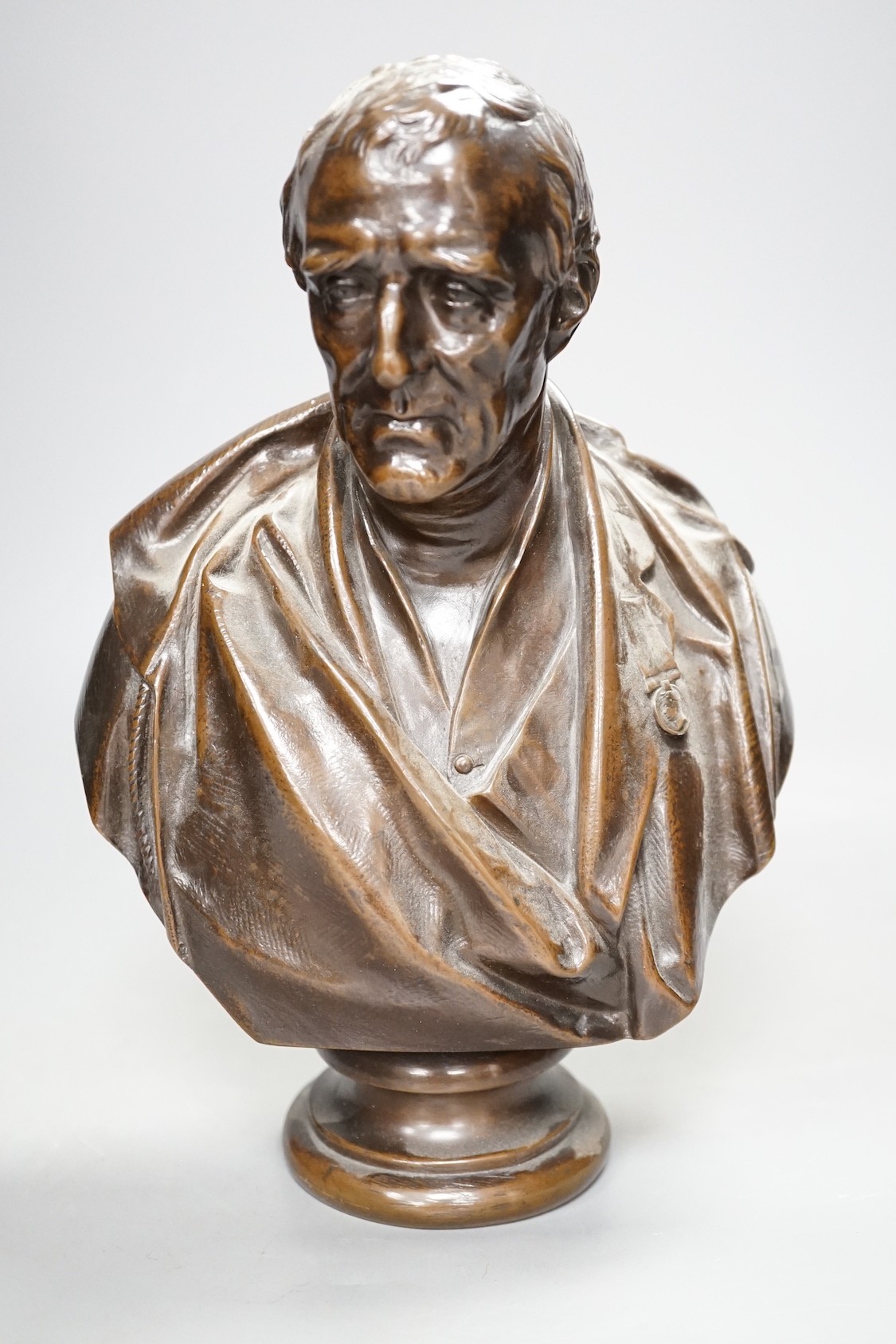 A small bronze bust of Wellington, by Matthew Noble (1817-1876), inscribed verso 'Noble 1852' - 27cm