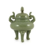 A Chinese celadon glazed tripod censer, late Qing, 26cm