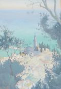 Ailsa Baker, gouache and watercolour, Mediterranean coastal town with church spire, signed and dated