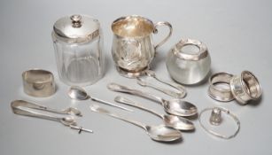 Sundry small silver including a mounted glass match tidy(a.f.), a silver christening mug(a.f.),