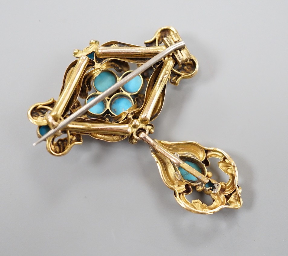 A Victorian yellow metal and turquoise cluster set drop brooch, 45mm, gross weight 6.9 grams. - Image 2 of 2