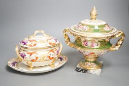 A small Derby tureen cover and stand, c.1825, 22 cm wide, and an English porcelain floral ice pail