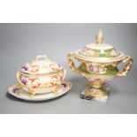 A small Derby tureen cover and stand, c.1825, 22 cm wide, and an English porcelain floral ice pail