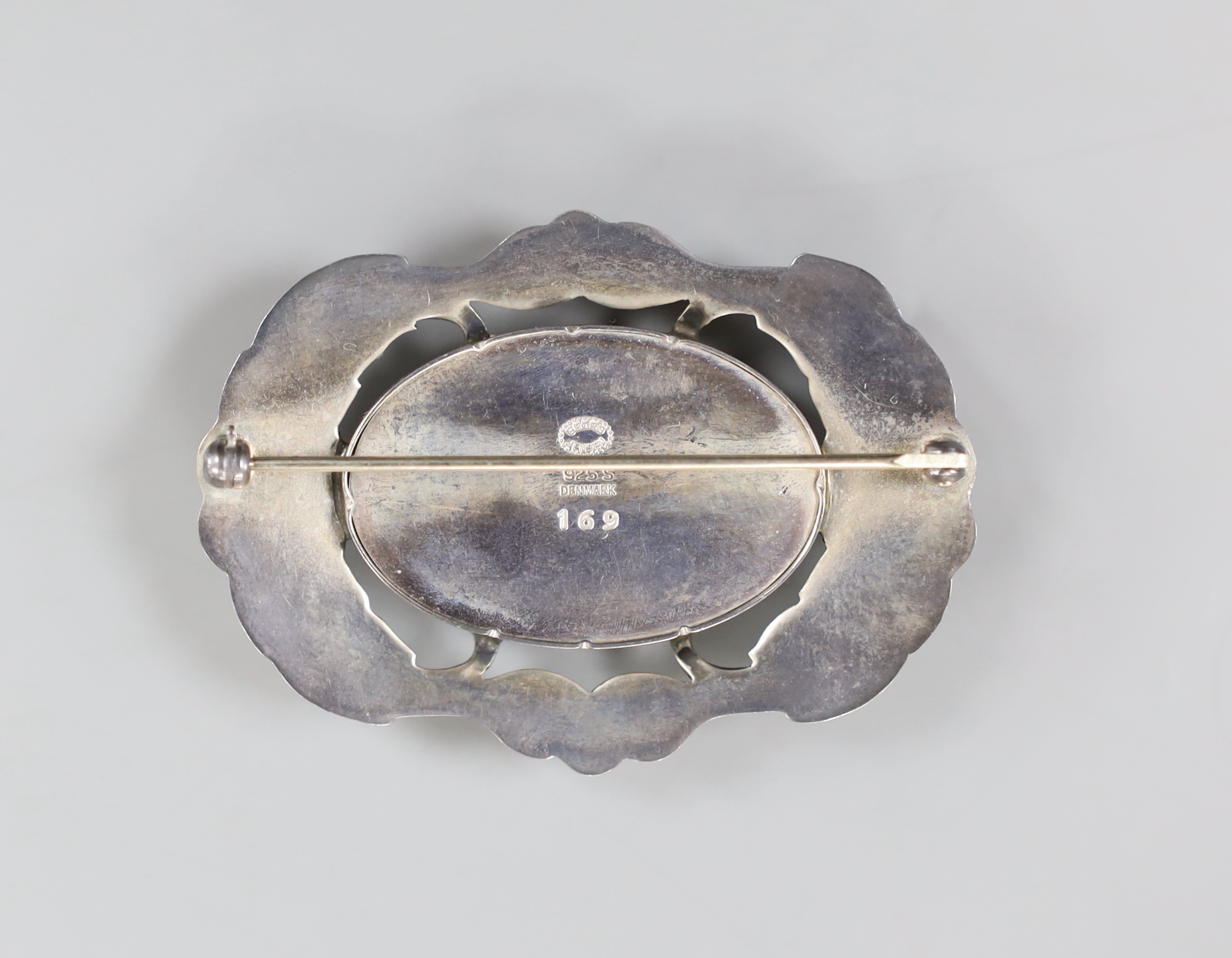 A Georg Jensen 925 sterling and amber set oval brooch, no. 169, 52mm. - Image 2 of 2