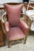 An Edwardian Art Nouveau Mackintosh style inlaid tub framed armchair, width 70cm, depth 50cm, height