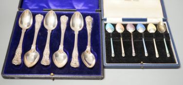 A cased set of six 1960's silver and polychrome enamelled coffee spoons, Turner & Simpson, and a