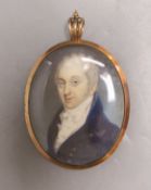 A late Georgian portrait miniature of a gentleman, with memorial hair plaque and monogram on