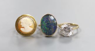 Three assorted modern 9ct dress rings, including cameo and simulated diamond, gross weight 16