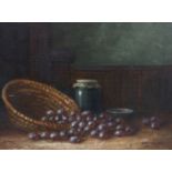Karl Neppel (German, 1883-1961), oil on board, Still life of grapes on a table top, signed, 13 x