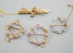 A late Victorian 9ct gold and gem set bar brooch, 43mm and a 9ct and seed pearl set open work