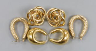 Three assorted modern pairs of 14k yellow metal earrings, largest 35mm, 28.7 grams.