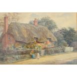 Edith Martineau (1842-1909), watercolour, Figures beside a thatched cottage, signed, 19 x 28cm