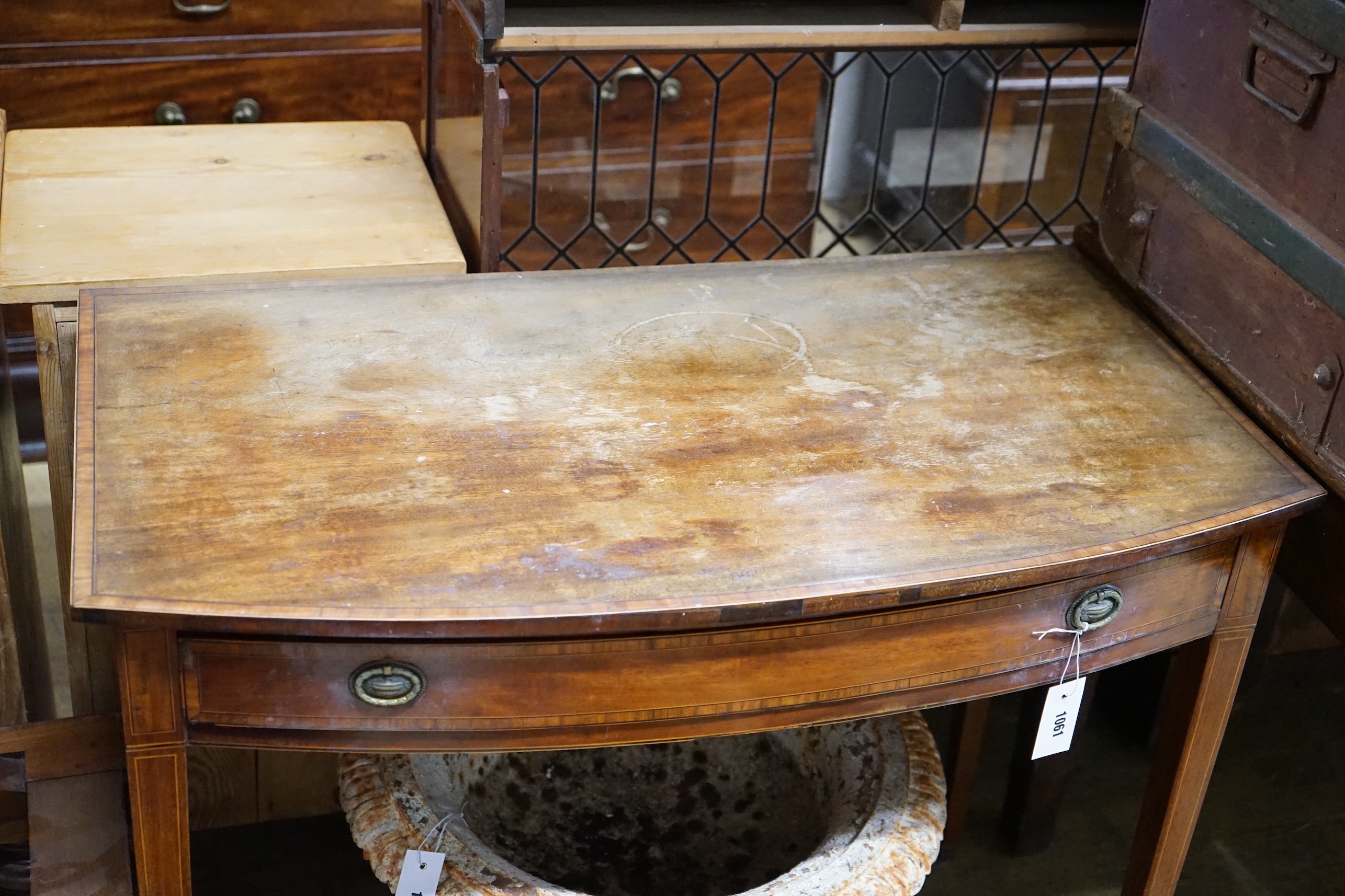 A George III satinwood banded mahogany bowfront side table, width 91cm, depth 51cm, height 76cm - Image 2 of 2