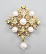 A modern 9ct gold, cultured pearl and peridot cluater set drop brooch, 43mm, gross weight 7.6