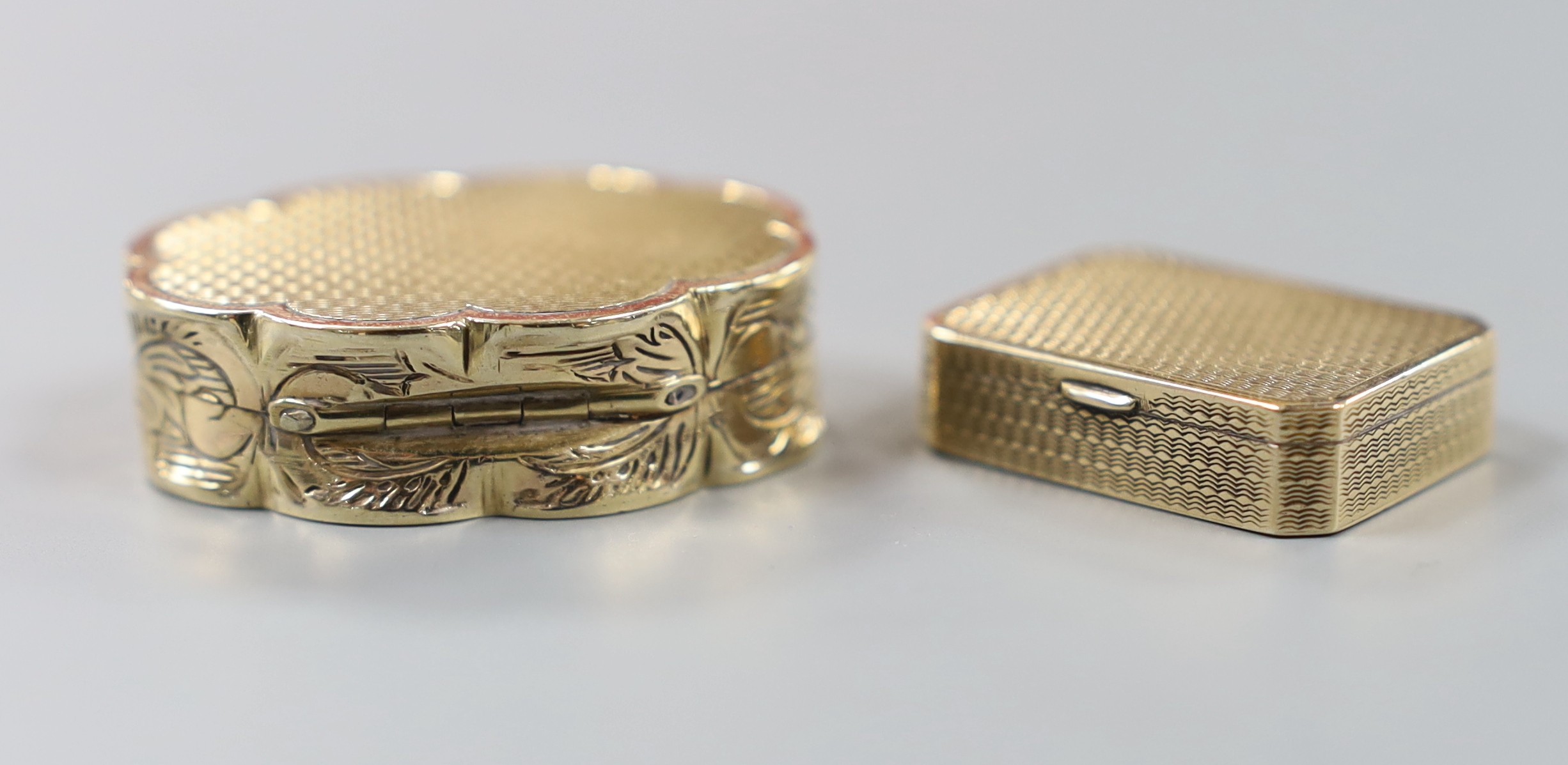 A 1960' 9ct gold shaped oval pill box, 35mm, 22.5 grams and a 9ct gold pill box by Asprey & Co, - Image 3 of 4