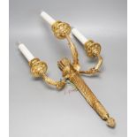 A Louis XVI style gilt bronze ‘bow and quiver’ three branch wall sconce - 59cm tall